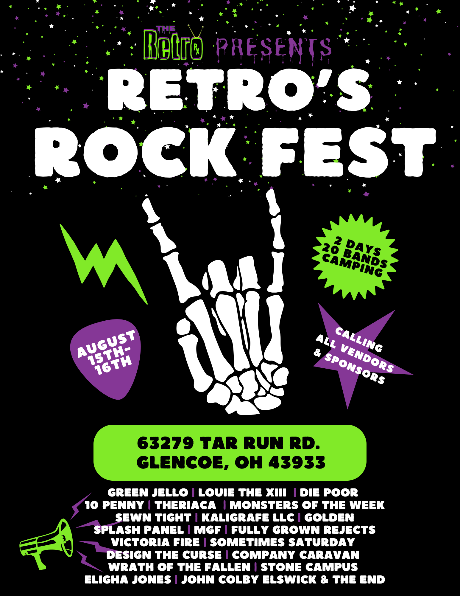 Retro's Rock Fest 2025 - August 15-16 in Glencoe, OH with 20 bands and camping
